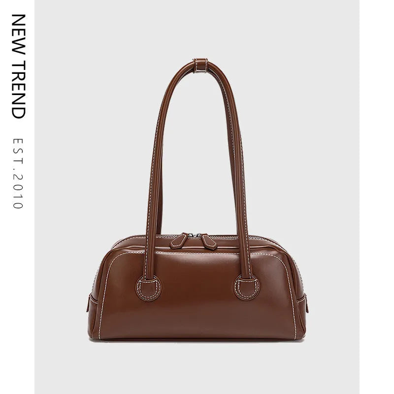 Retro PU underarm bag for women, horizontal square 31x9x14 cm, with zipper phone and file pockets.