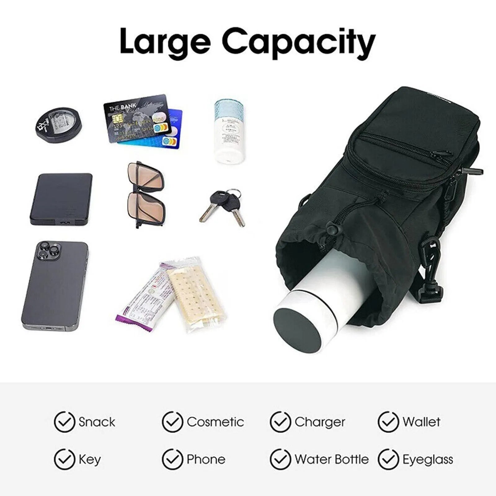 Cloth crossbody water bottle shoulder pouch shown in black, green, and pink colour options.