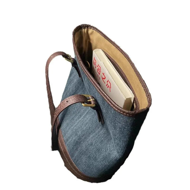 Denim patchwork pattern polyester bucket handbag with one shoulder strap