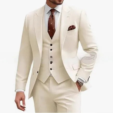 Men's slim fit three-piece suit in a chemical fibre blend, available in multiple colours.