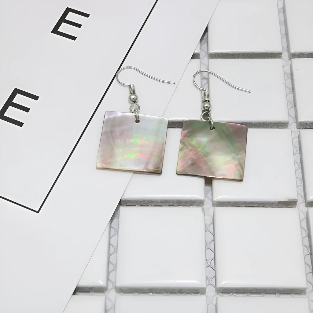 Geometric shell earrings in square and rectangular shapes with sterling silver hooks