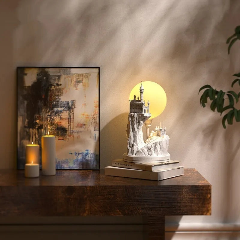 White composite gypsum table lamp with wire control switch on bedside table