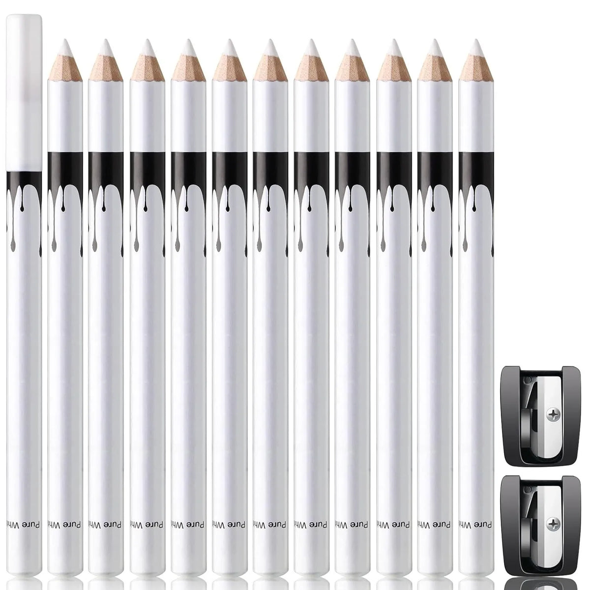12 white and black retractable makeup pencils with a sharpener on a pink background