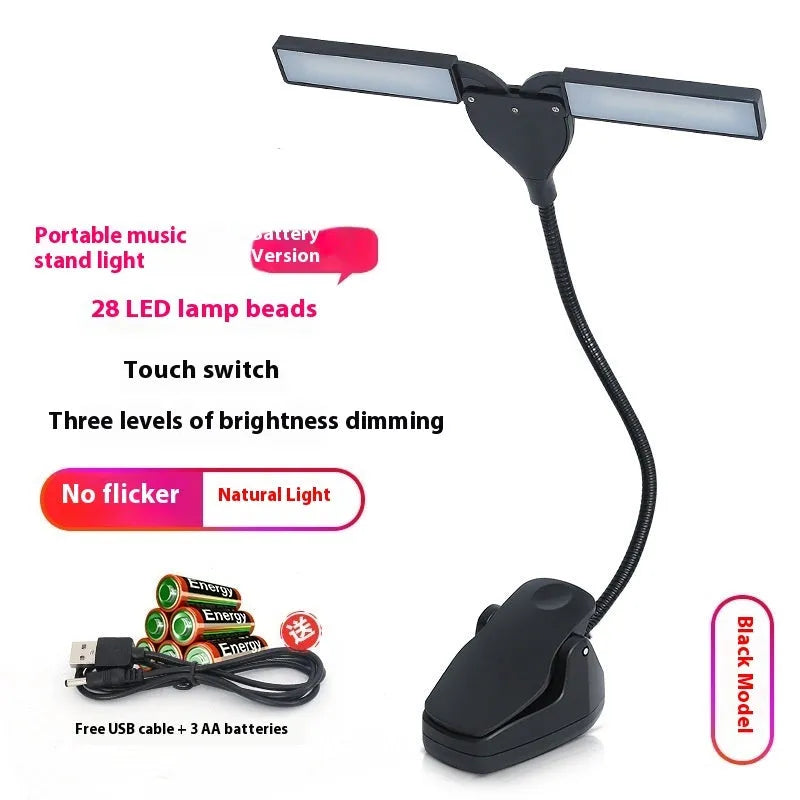 Music stand lamp with 28 LED lights, USB cable and batteries for sheet music illumination during instrument practice
