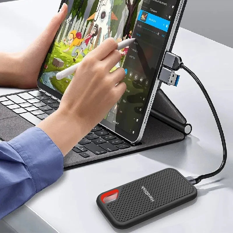 Black ABS portable SSD with Type-C 3.1 interface, shown as a mobile external solid state drive.
