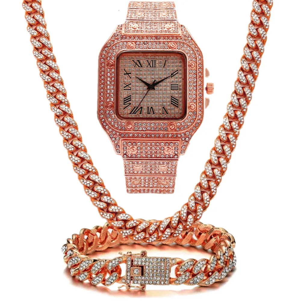 Roman grain quartz watch set with square dial, black mesh band, bracelet, and necklace in gold tone.