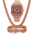 Roman grain quartz watch set with square dial, black mesh band, bracelet, and necklace in gold tone.