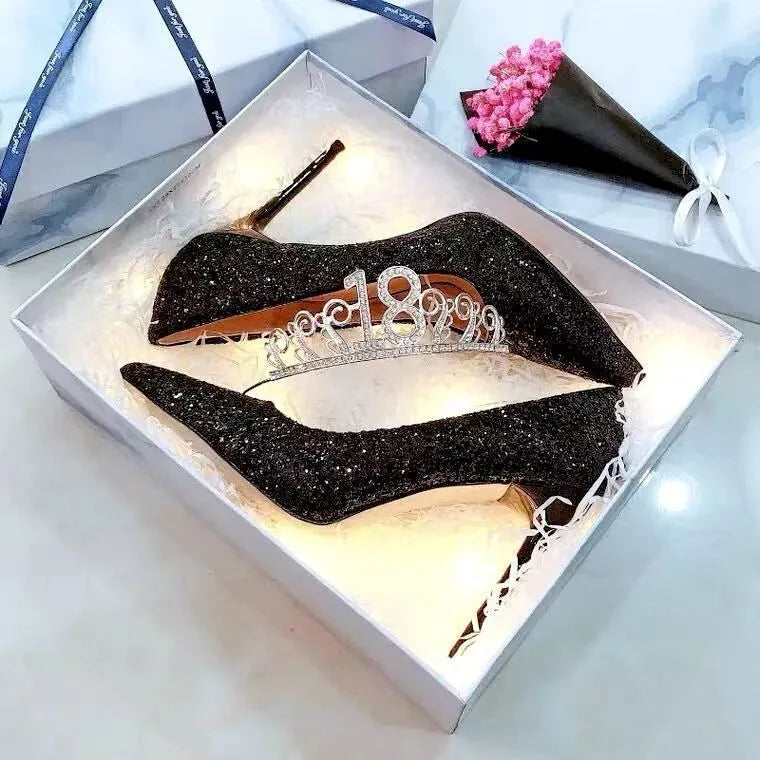 Crystal stiletto bridal shoes in black or silver with choice of 7cm or 9cm heel height