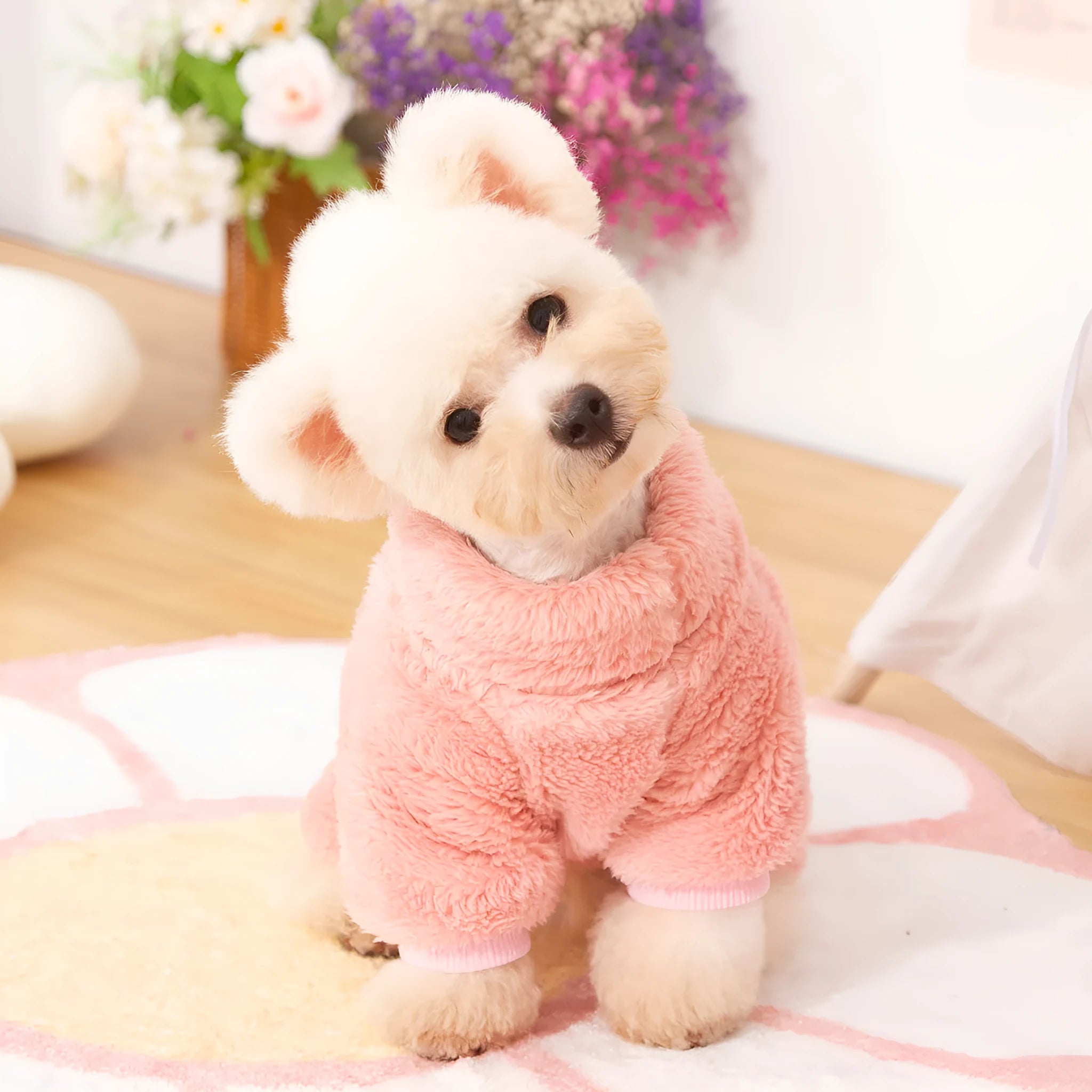 Four-legged dog clothes with double-sided plush fabric, high collar and towing ring in khaki colour