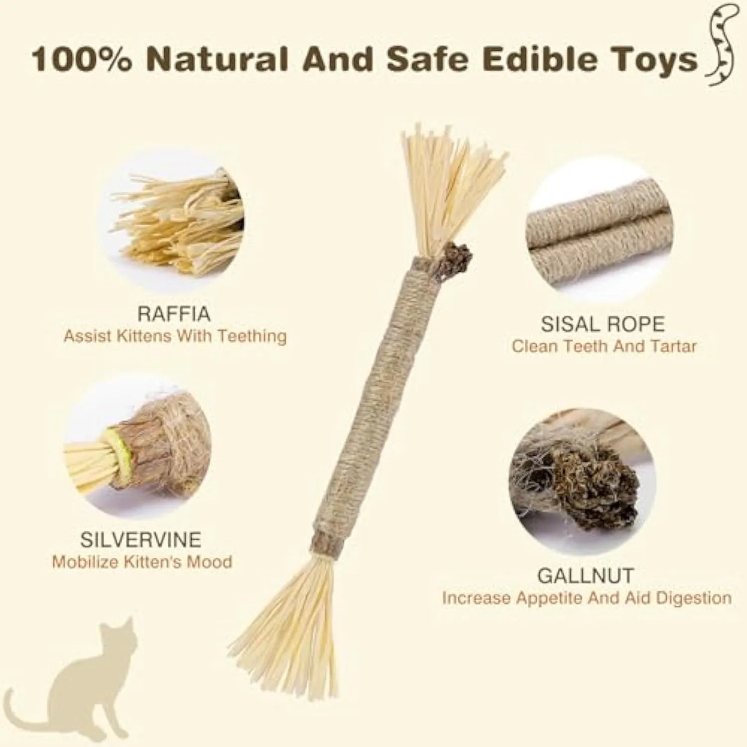 Three natural silvervine chew sticks for cats with sisal rope and raffia dental care elements