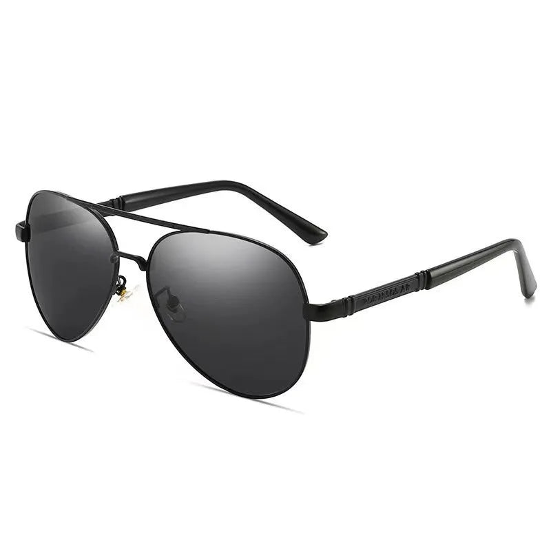 Men's metal sunglasses with polarised lenses and dragon phoenix decoration on the frame.