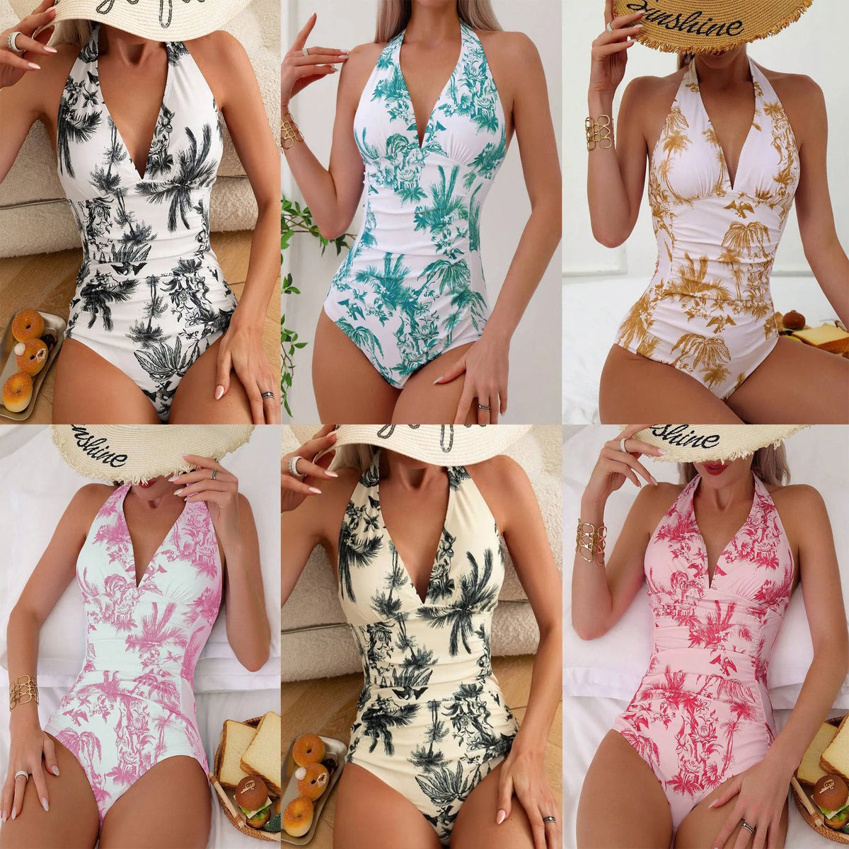 Women's printed V-neck one-piece swimsuit in polyester available in multiple colours