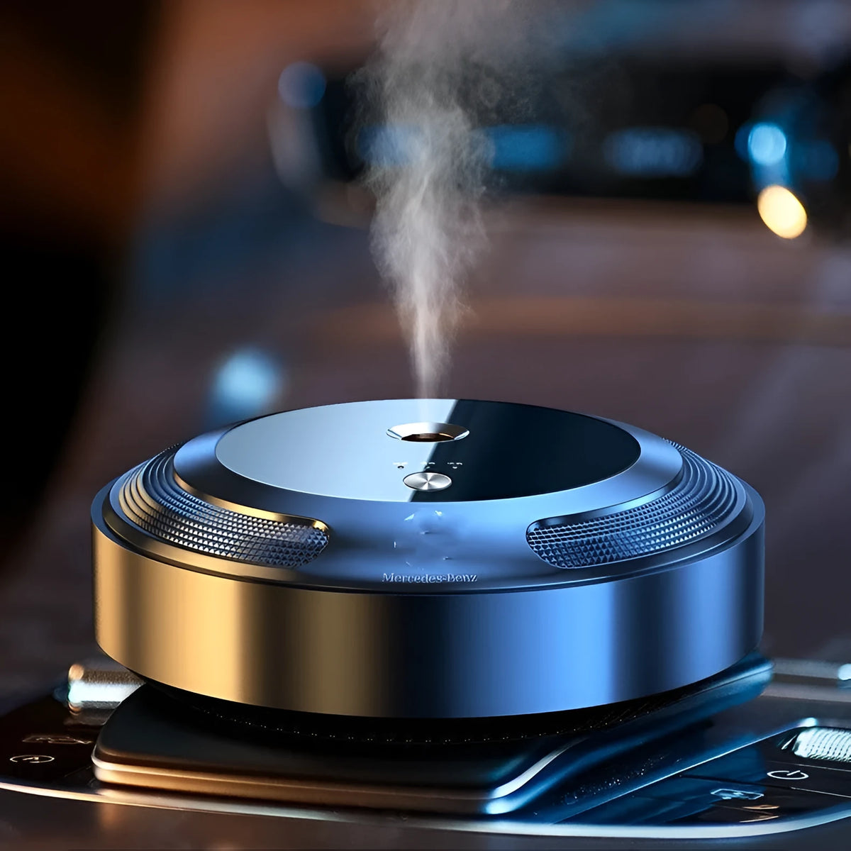 Car air freshener diffuser with automatic spray, zinc alloy shell and vehicle logo colour option