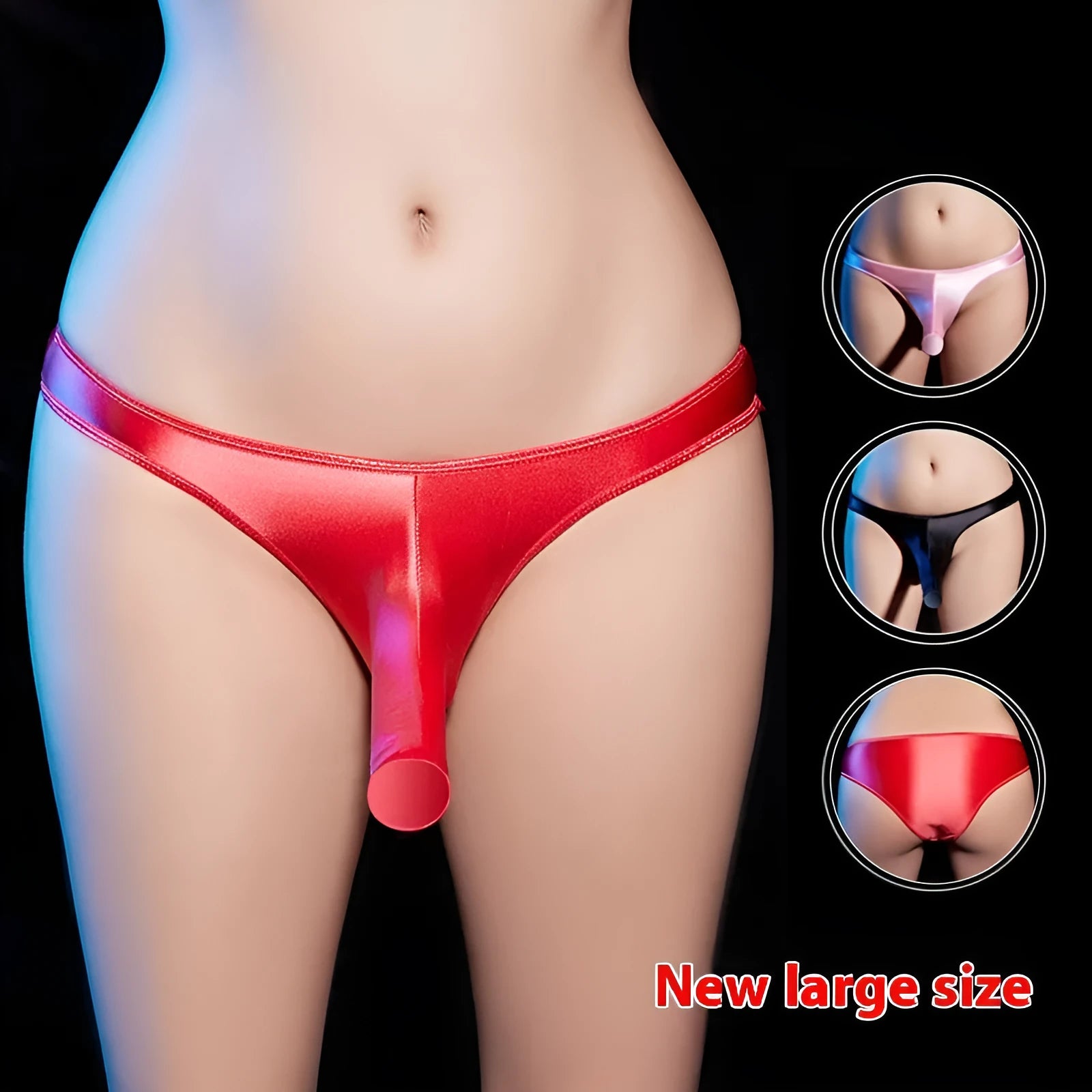 Men's low waist T-back underwear in shiny nylon fabric on a colour swatch showing black, grey, pink, red, and white.