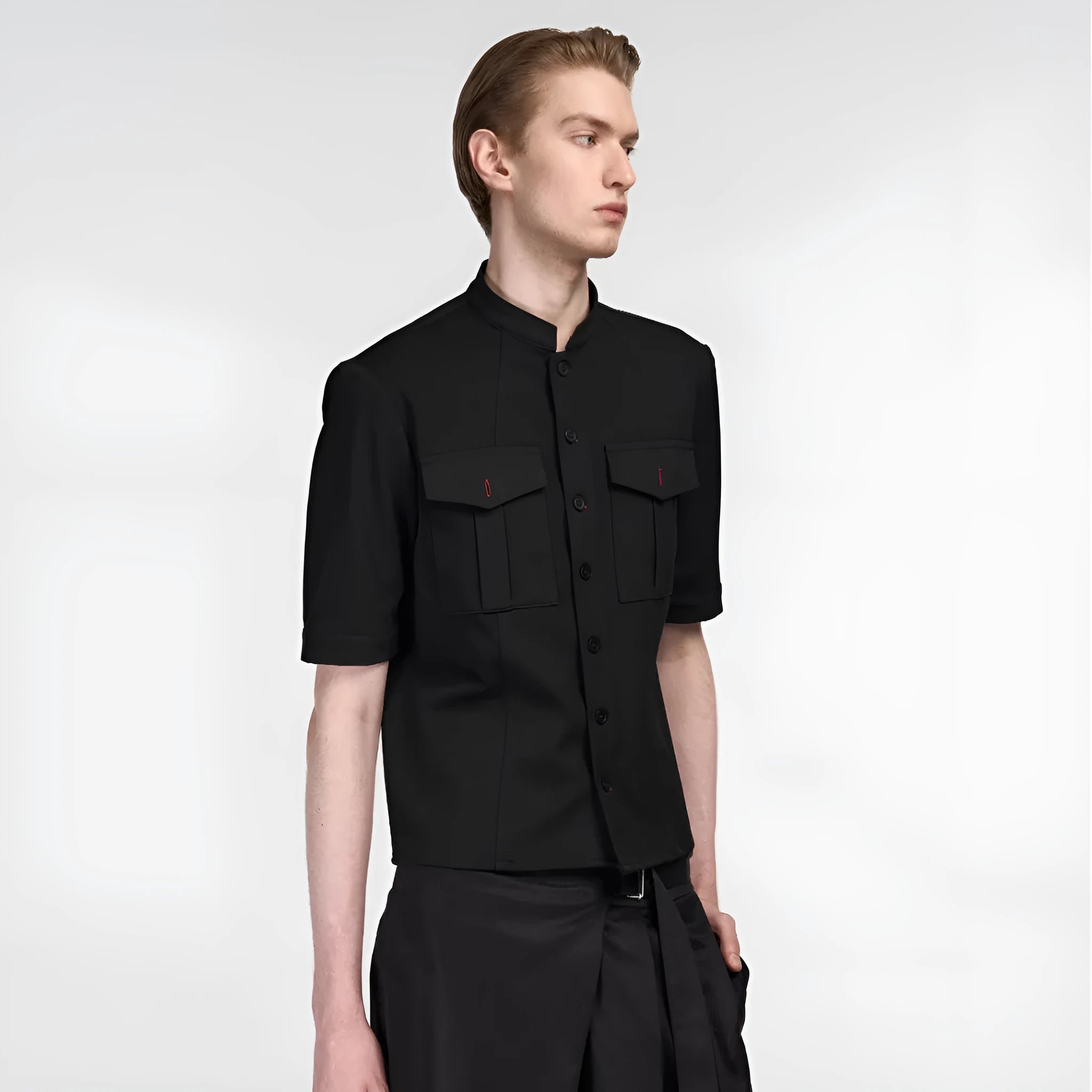 Handmade black half sleeve hunting shirt with shirt collar and single-breasted placket