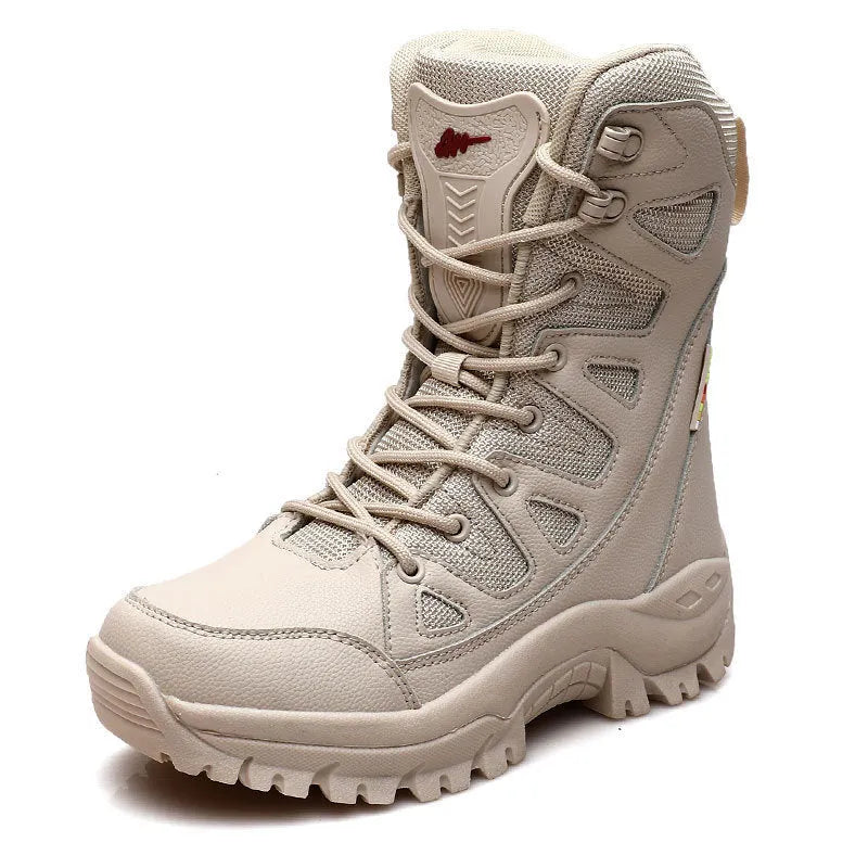 Cowhide leather hi-top hiking shoes for outdoor activities in beige colour