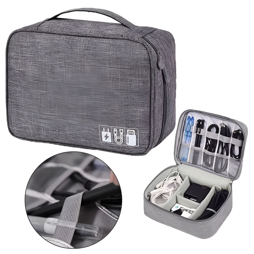 Black waterproof cable organizer bag open, showing removable dividers and mesh pockets for electronics.