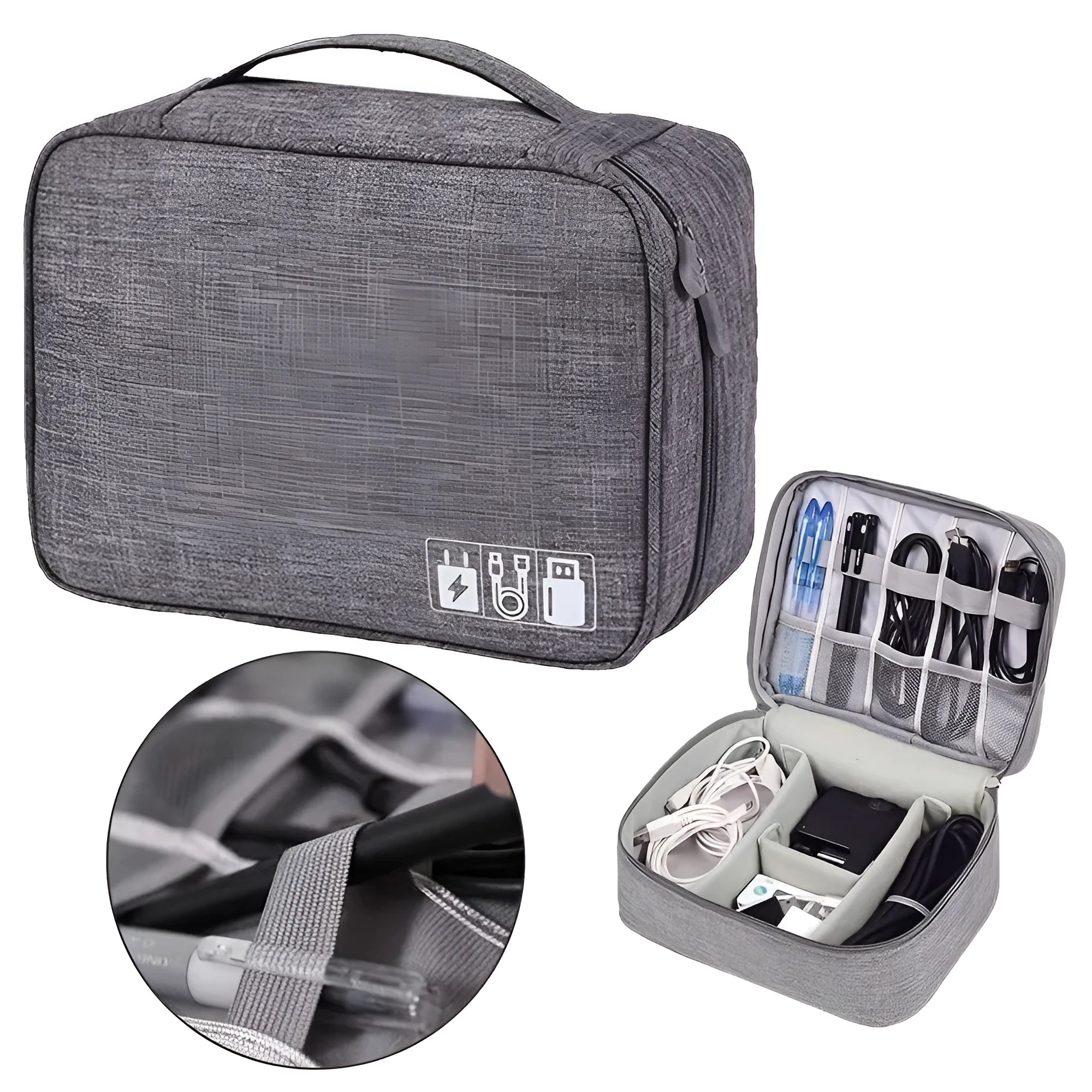 Black waterproof cable organizer bag open, showing removable dividers and mesh pockets for electronics.