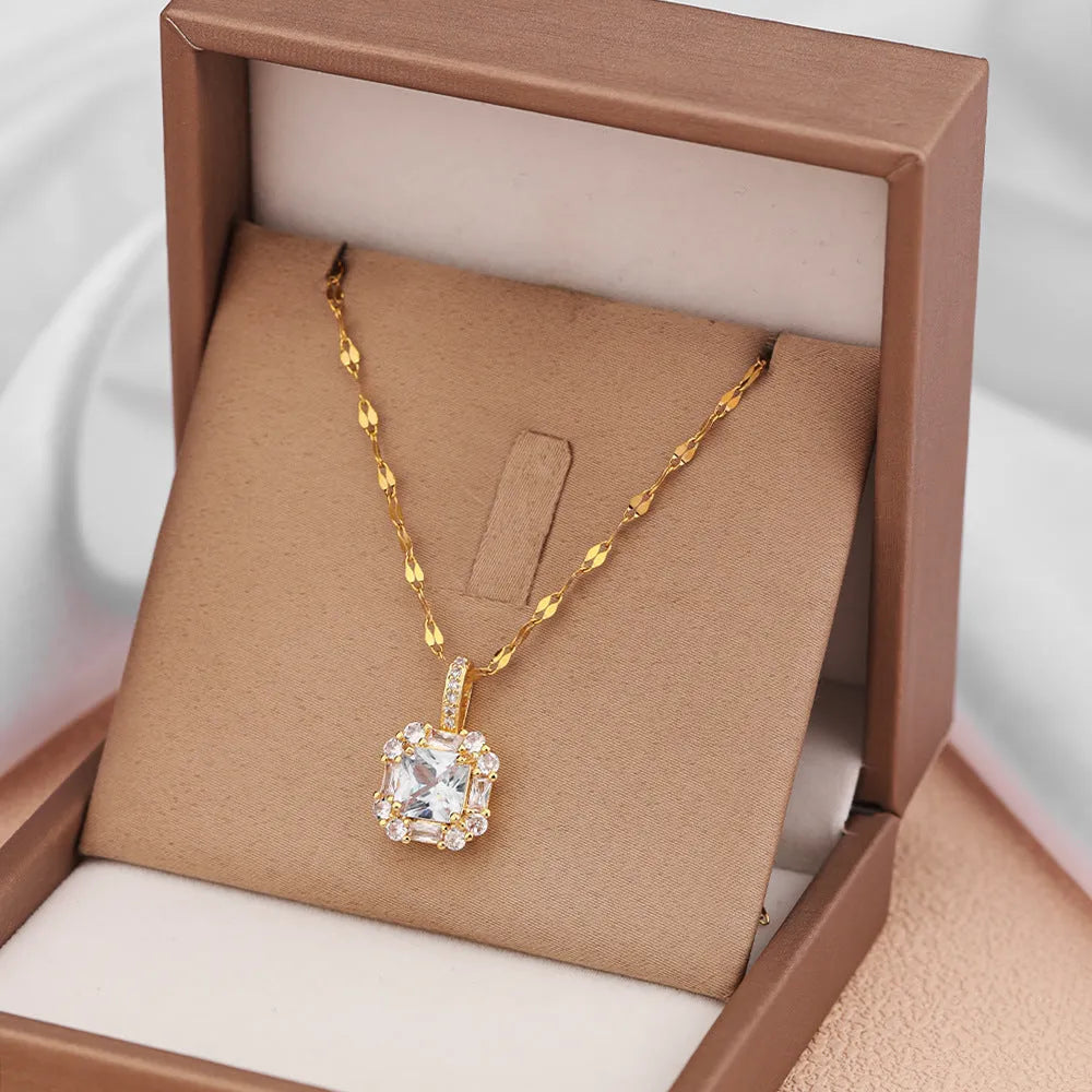 Women's titanium steel clavicle chain with geometric quadrilateral gem pendant and water wave chain