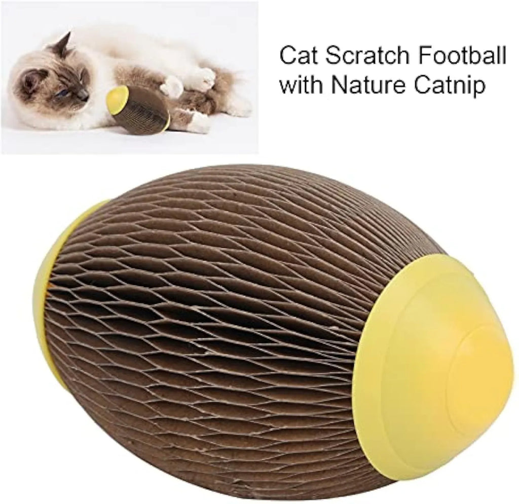 Elliptical catnip ball toy made from recycled corrugated paper for cats to play with.