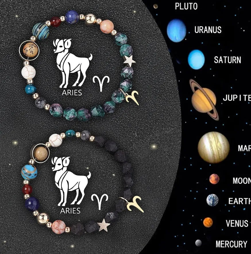 Natural stone beaded bracelets for all twelve zodiac signs in complete astrology jewellery set