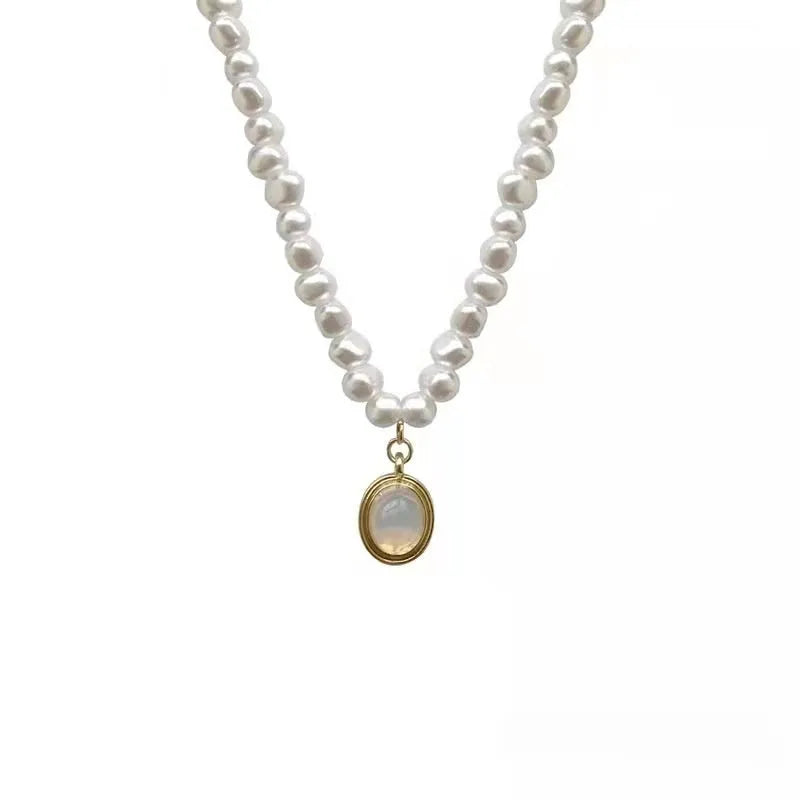 French Court Vintage Pearl Necklace with geometric pendant on adjustable alloy chain