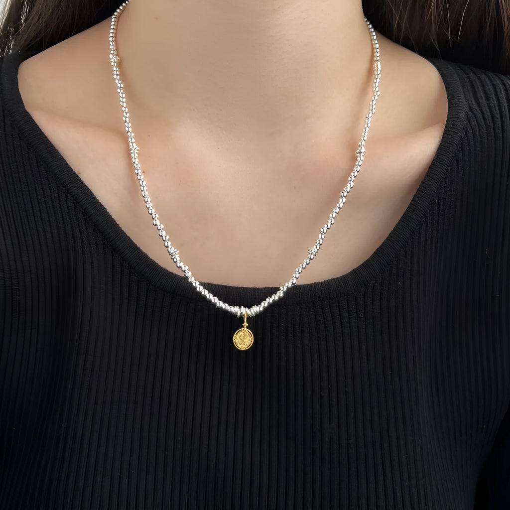 S925 sterling silver women's necklace with flower pendant and ball bead chain, 51-60cm circumference