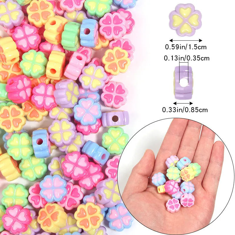 15mm acrylic clover beads with cartoon love pattern and frosted finish in mixed colours