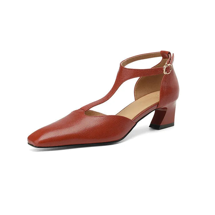 French retro square toe chunky heel wine red sheepskin leather shoes with buckle fastening