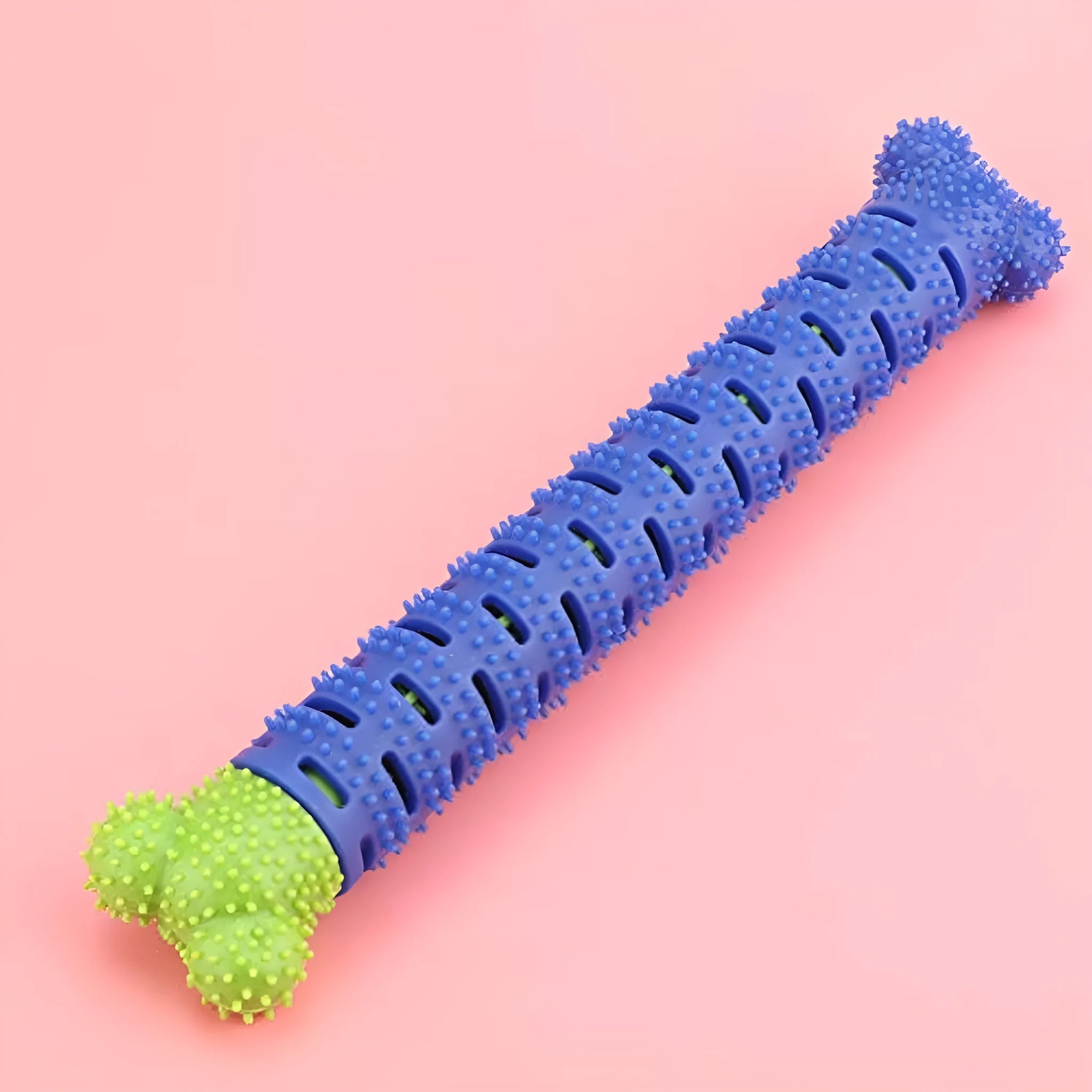 Blue green dog dental cleaning stick toy with serrated brush head and massage nodules