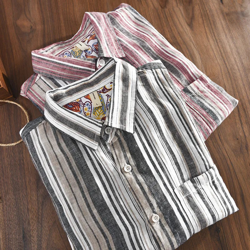 Men's casual long sleeve linen shirt with stripe pattern in grey or red loose fit
