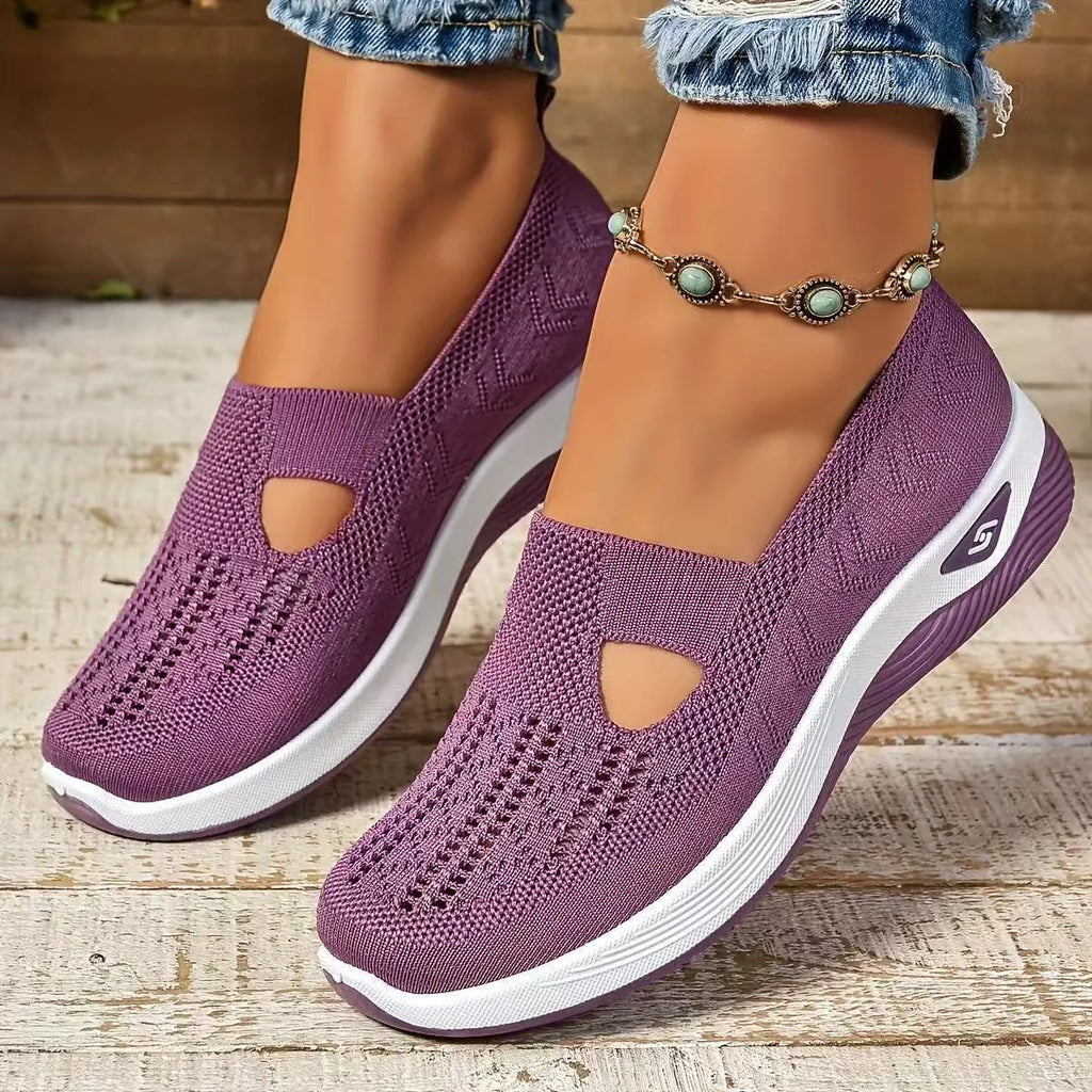 Women's mesh T-strap casual flats with soft PVC sole in multiple colour options