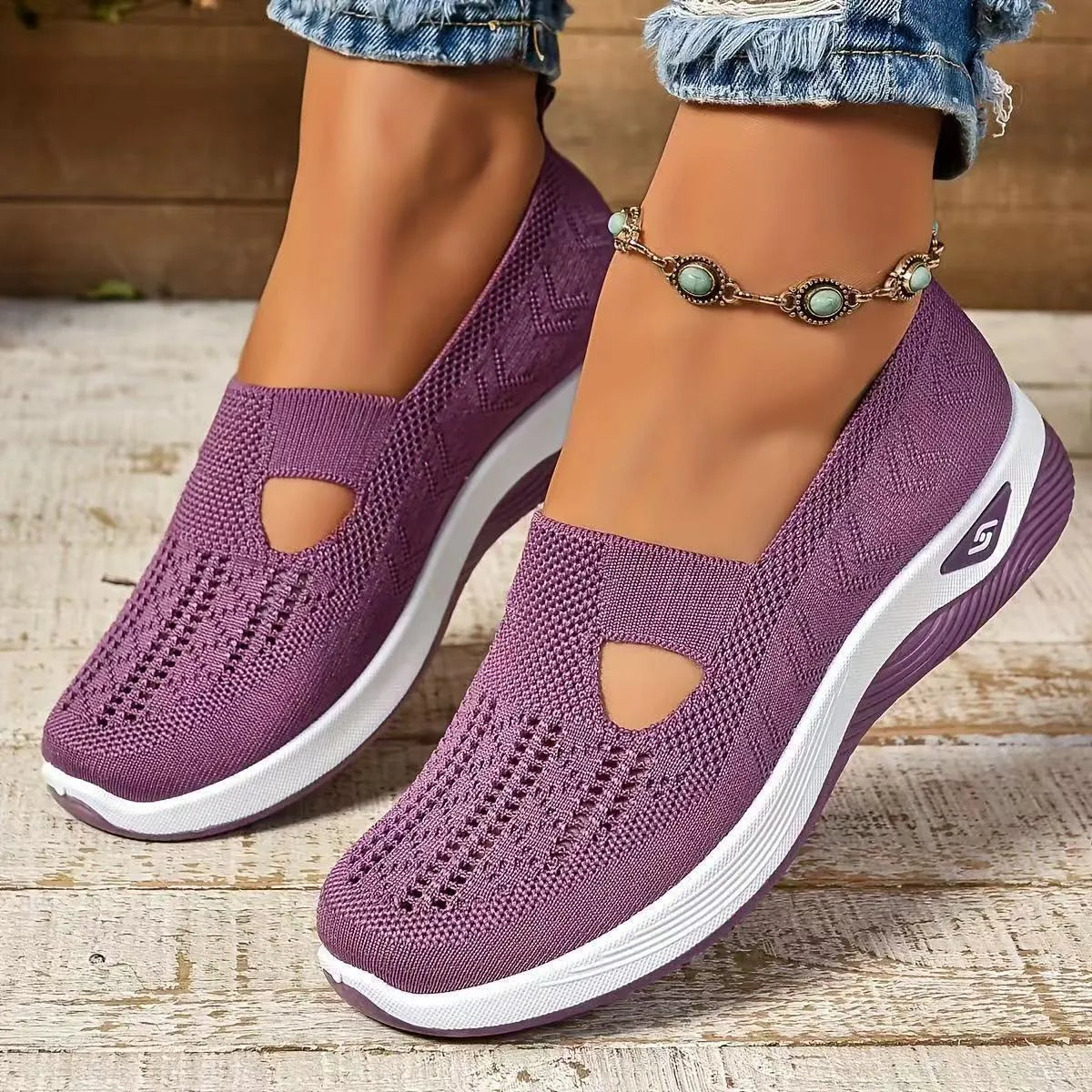 Women's mesh T-strap casual flats with soft PVC sole in multiple colour options