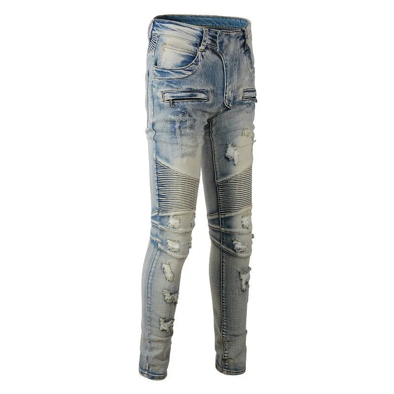 Light blue distressed men's slim-fit jeans with hand-frayed details on a mid-waist, straight-leg stretch denim.