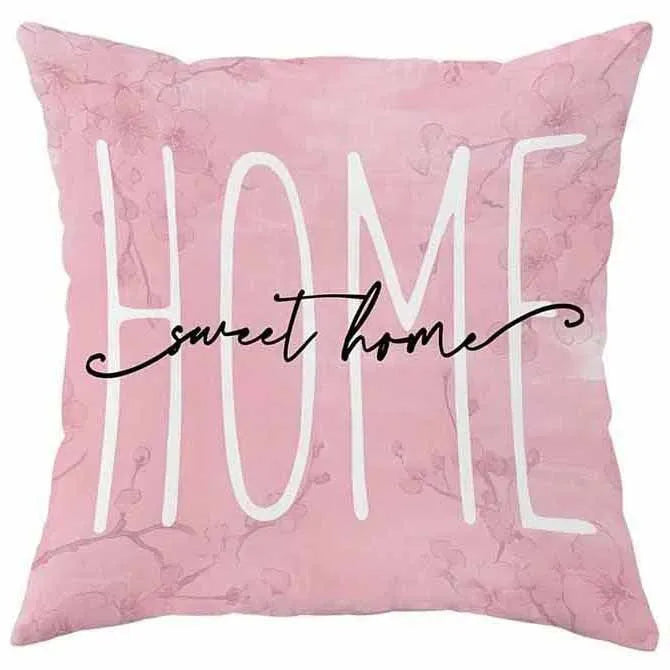 Square short velvet cushion cover with cherry blossom and letter pattern in spring colours