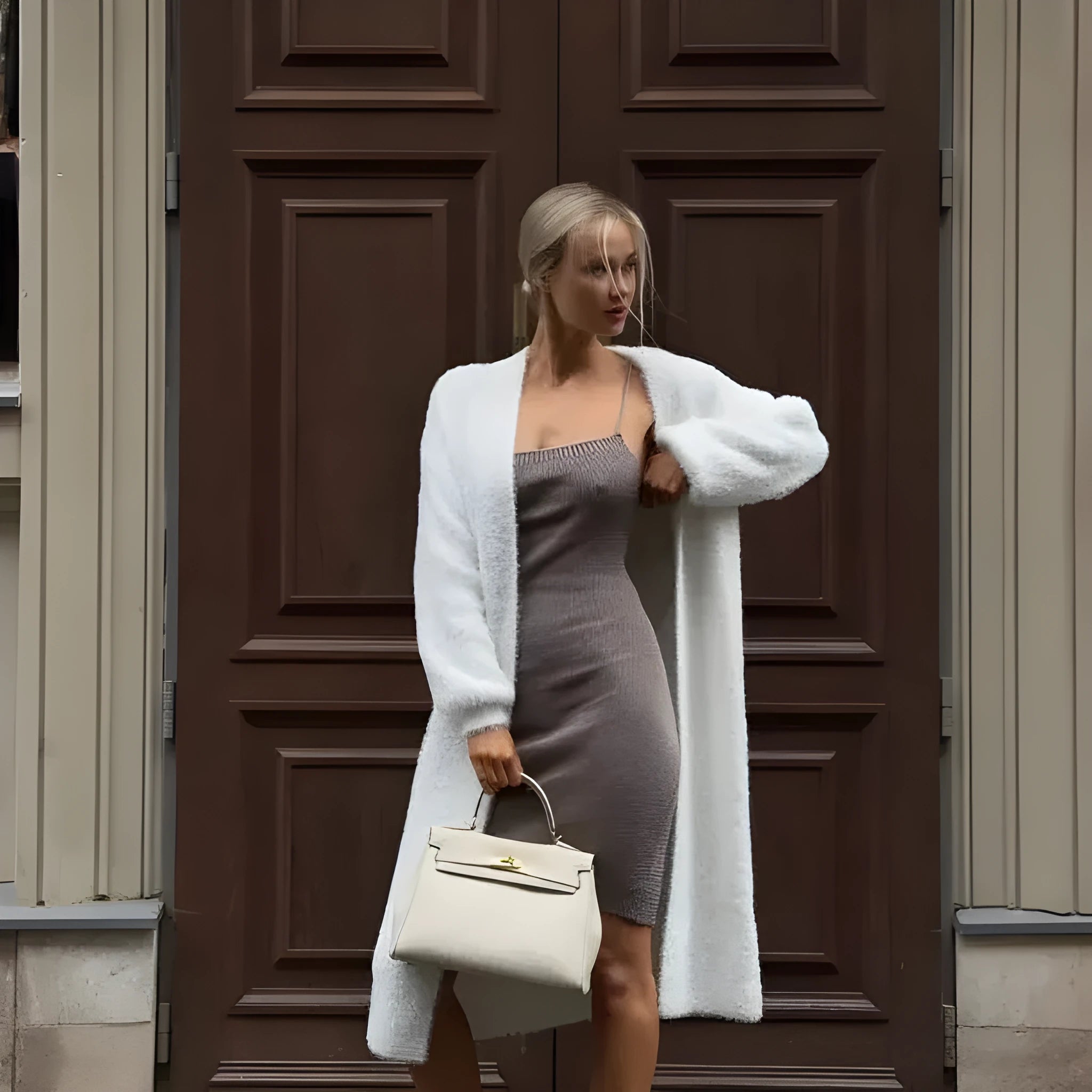 White longline knitted cardigan jacket with long sleeves on a hanger.