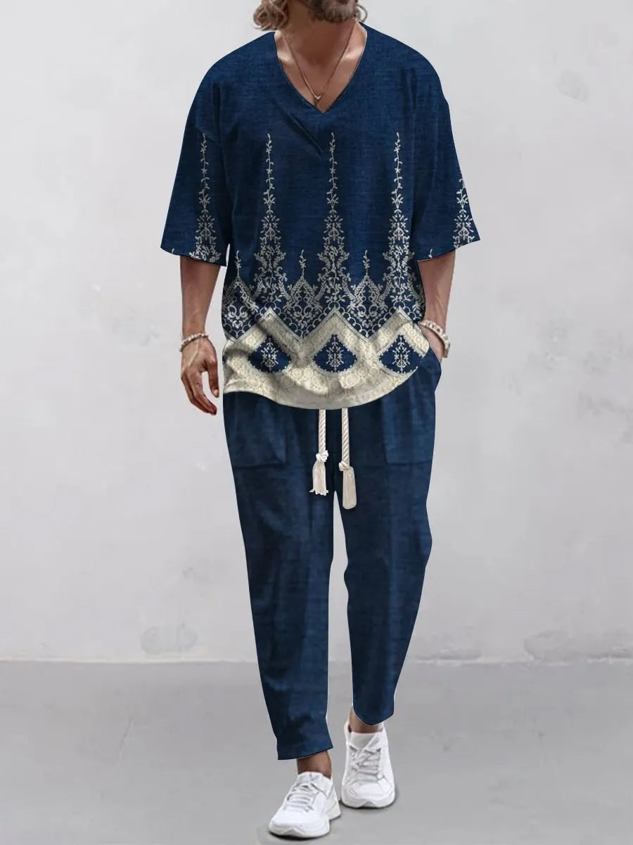 V-neck trousers suit with cropped sleeve jacket and matching trousers in thin polyester fabric