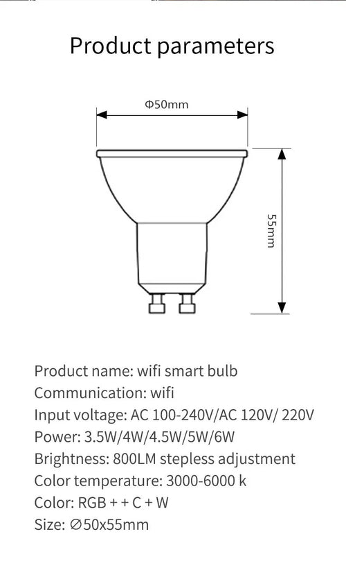 Smart RGBCCT colour-changing GU10 LED spotlight bulb with standard two-pin base.