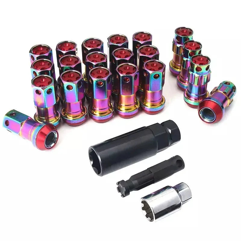 Set of aluminium alloy flat head wheel nuts in various colours including black gold and colour red.