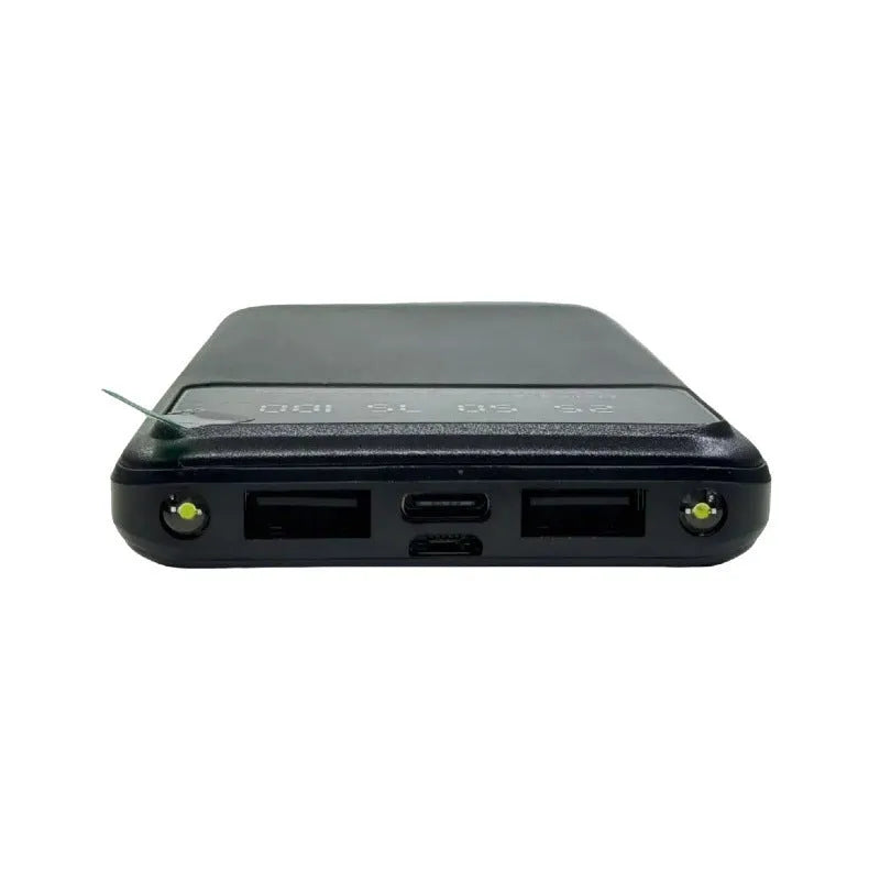 Black ultra-thin power bank with 10000 mAh capacity showing compact portable design