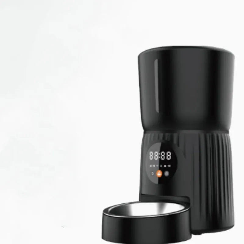 Black automatic pet feeder with display screen and food dispensing bowl for dogs and cats