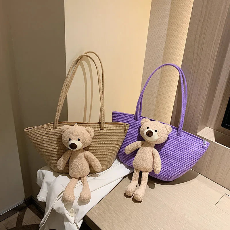 Woven cotton linen dumpling-shaped bag with double shoulder straps in various colours