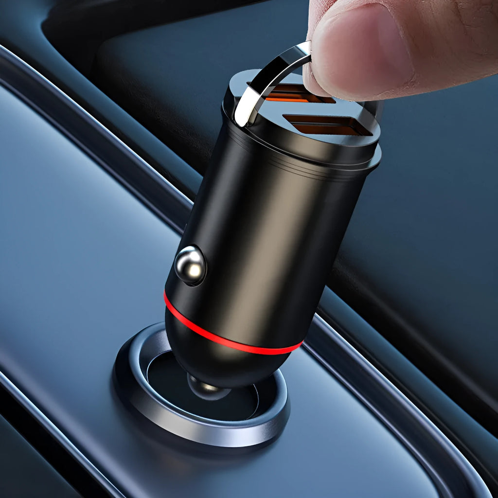 Black zinc alloy car charger with USB output measuring 38mm x 21mm x 21mm