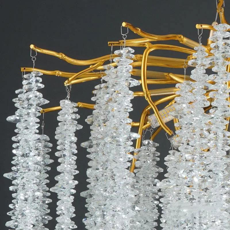 Adjustable modern crystal chandelier with LED lights and aluminium frame in round and long styles.