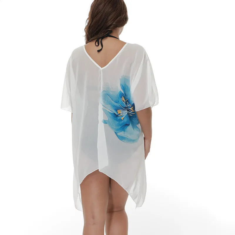 White plus size beach cover-up blouse with loose fit for sun protection over swimwear