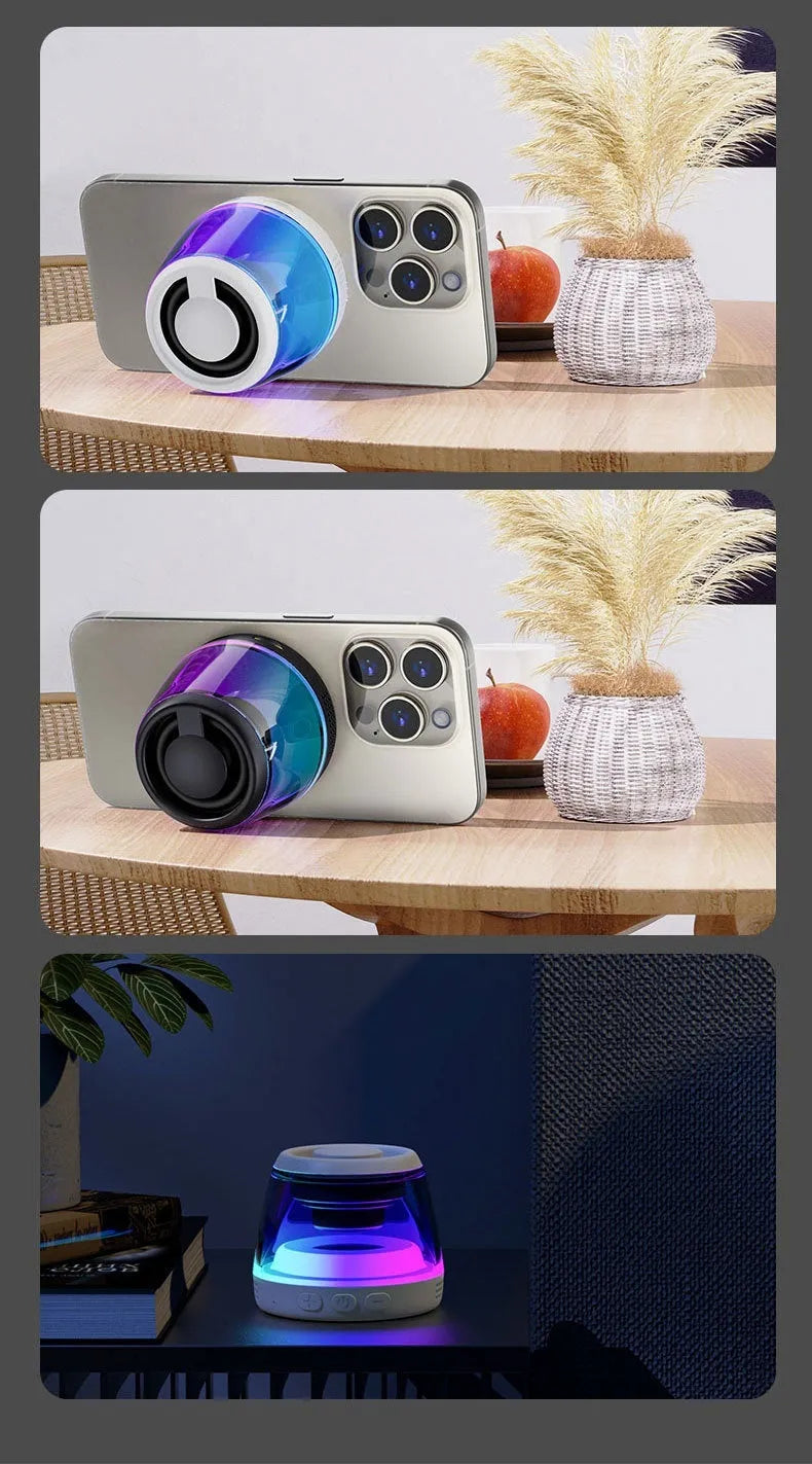 Portable wireless Bluetooth speaker with magnetic base and ambient LED light in black or white colour options