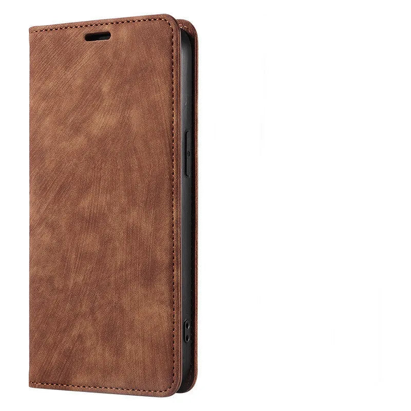 Magnetic flip phone case for iPhone in grey, made from TPU and leather with a solid colour design.