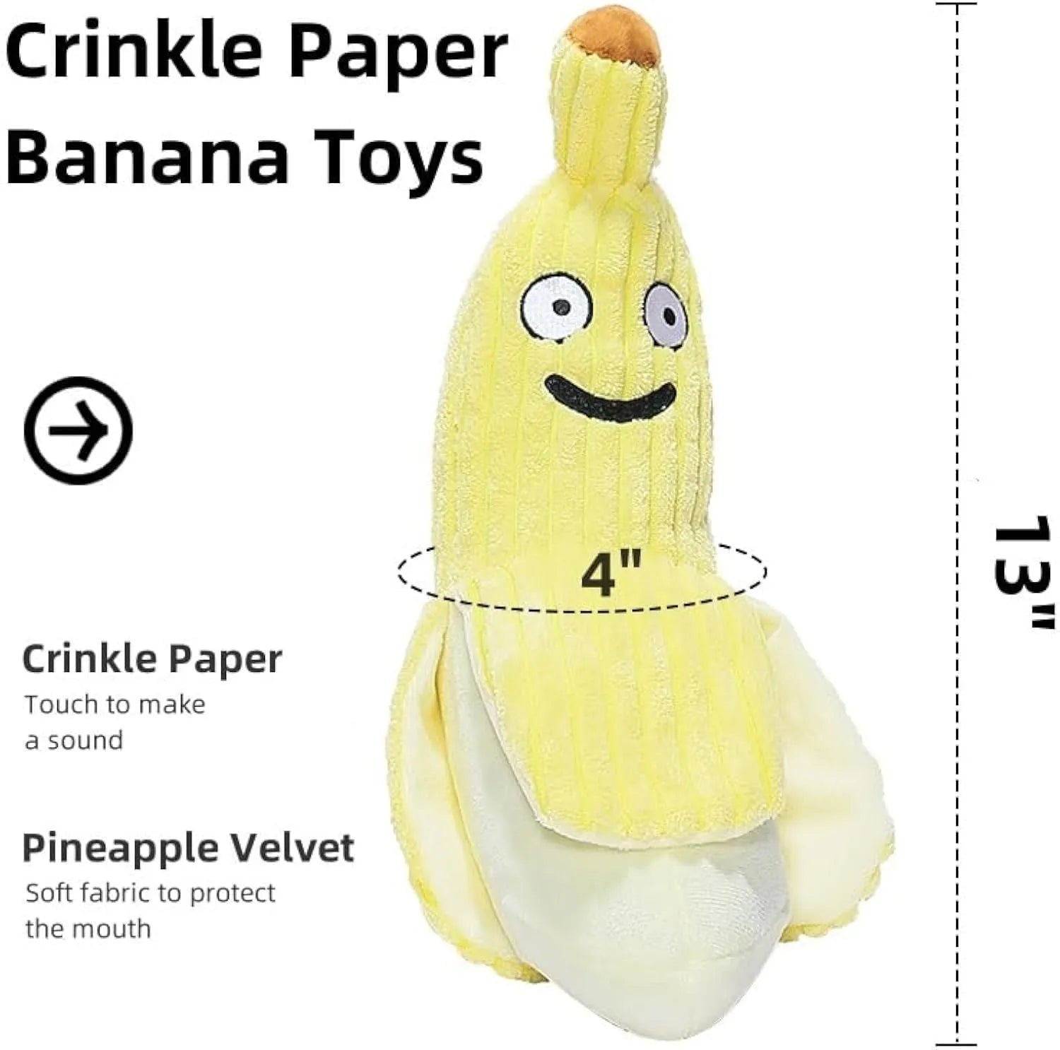 Yellow banana-shaped plush cat toy with crinkle paper and catnip filling.