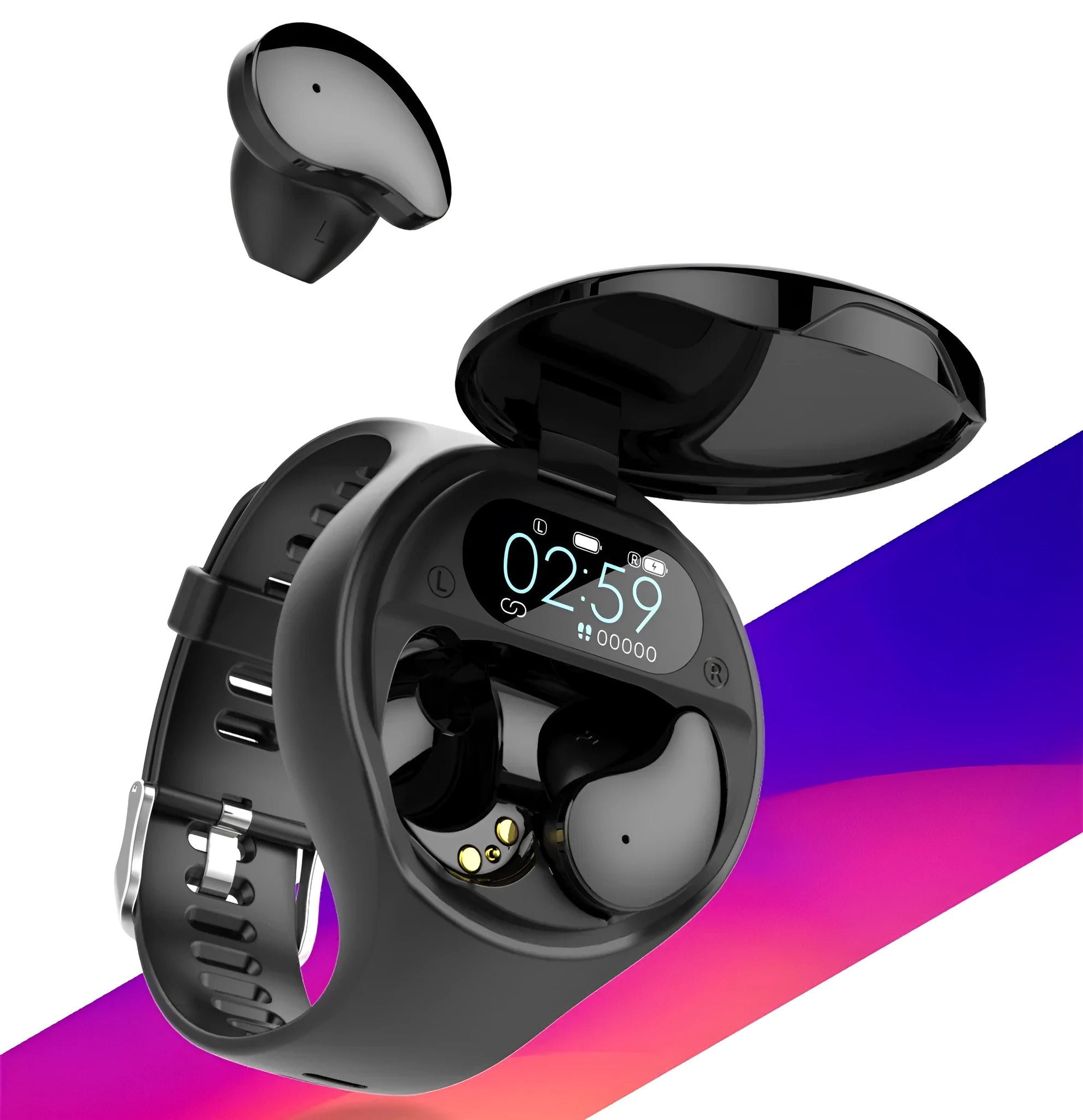 Black detachable smart sports bracelet with TWS Bluetooth earphones for fitness tracking and calls.