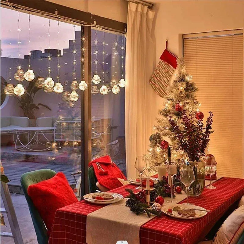 10-piece LED Christmas curtain lights with fairy ball lamps showing snowman, elder, and Christmas tree designs